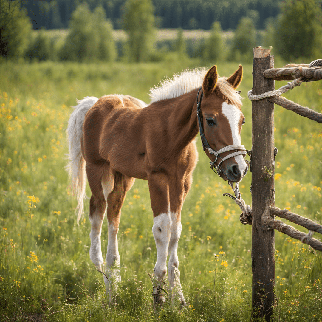 A horse tide to a fence